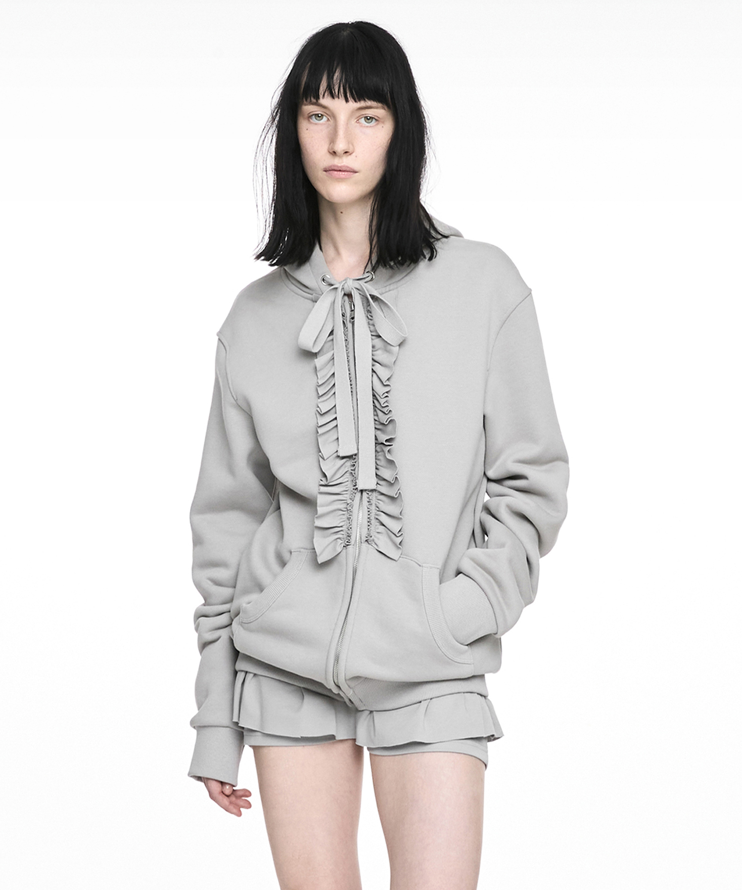 RUFFLE HOODIE ZIP-UP LIGHT GRAY