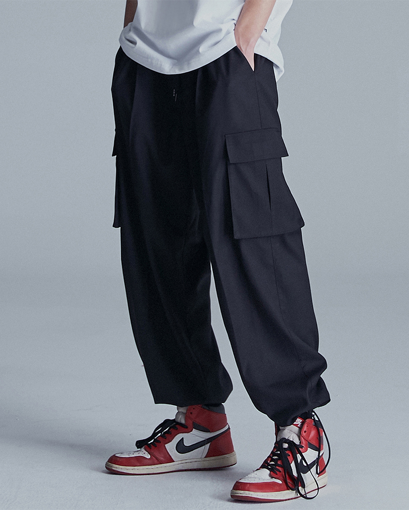 Wide String Cargo Slacks Pants - Black