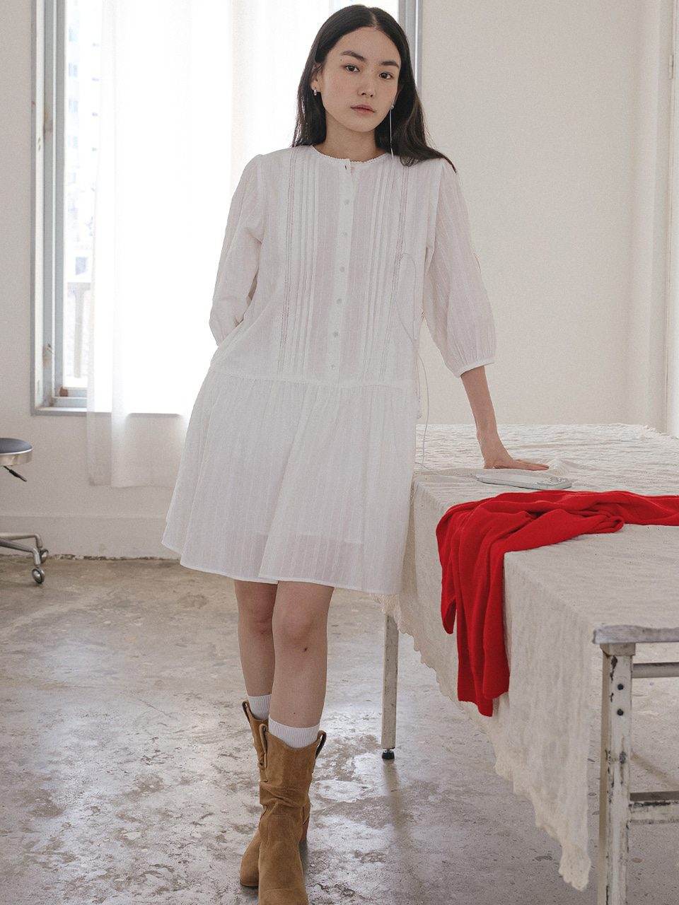 Natural pintuck shirring dress [TISU05OP01]_Ivory