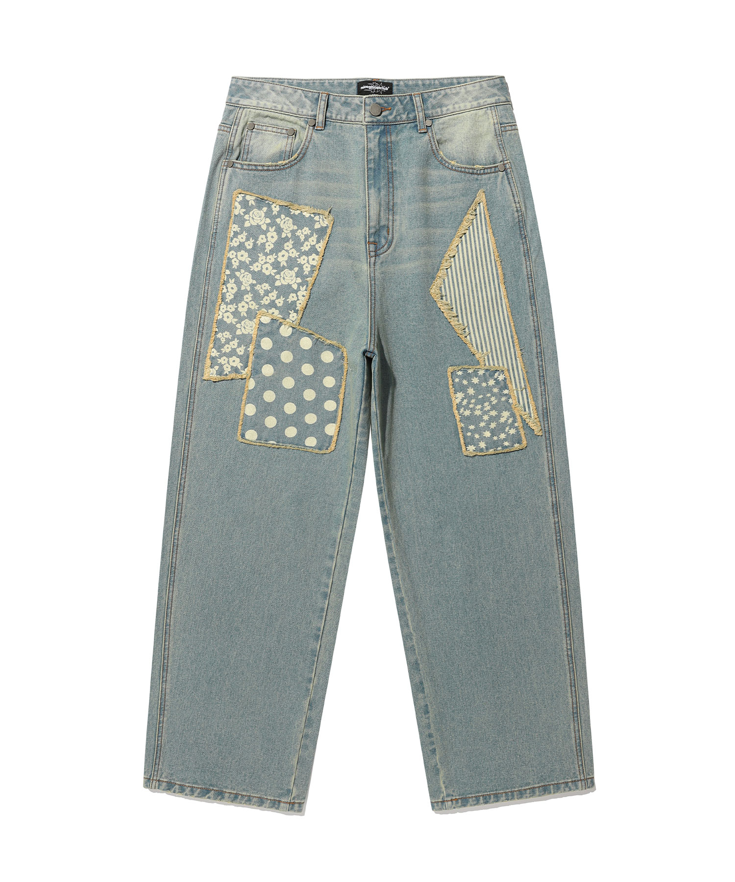 pattern patchwork wide denim pants[blue]