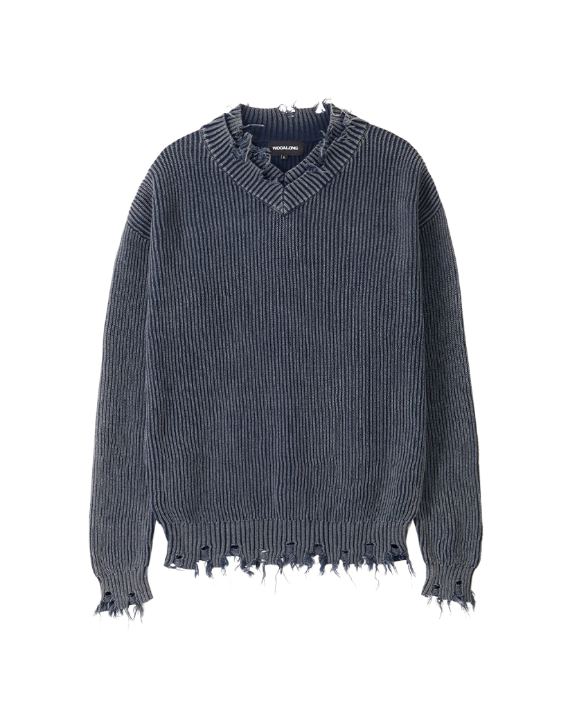 Vintage Damage V-Neck Loose Knit - NAVY