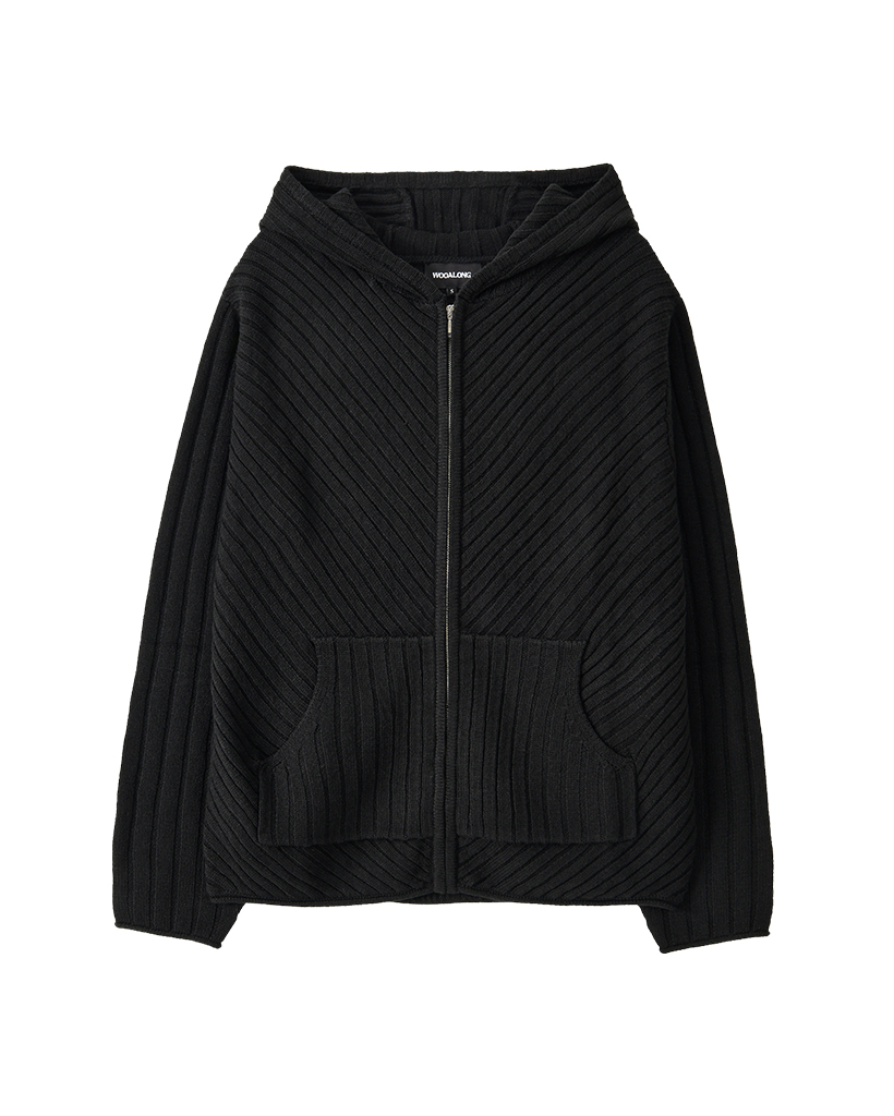Rib Knit Hoodie Zip-Up - BLACK