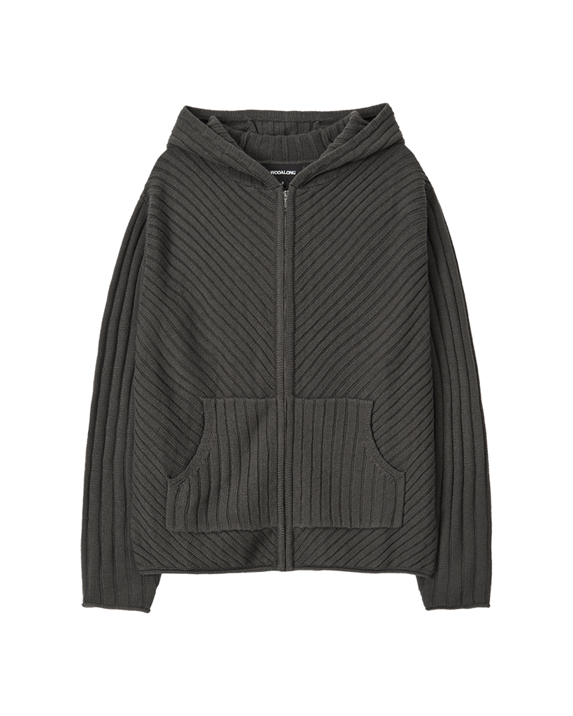 Rib Knit Hoodie Zip-Up - CHARCOAL