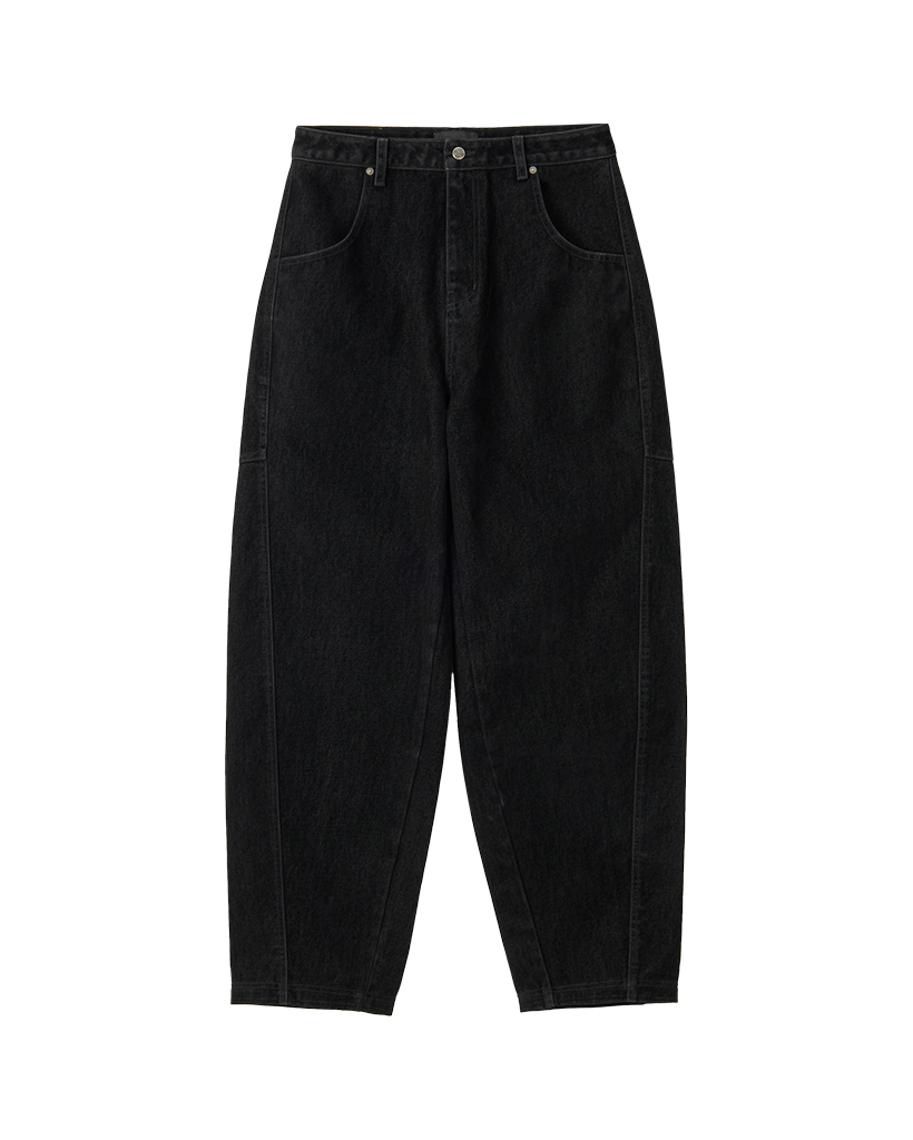 Velvet Stitch Curve Balloon Wide Denim Pants - BLACK