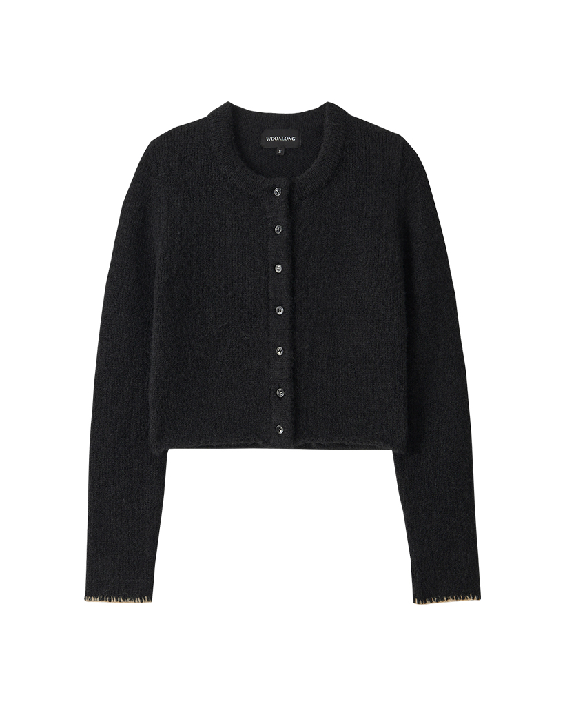 Contrast Stitch Crop Cardigan - BLACK
