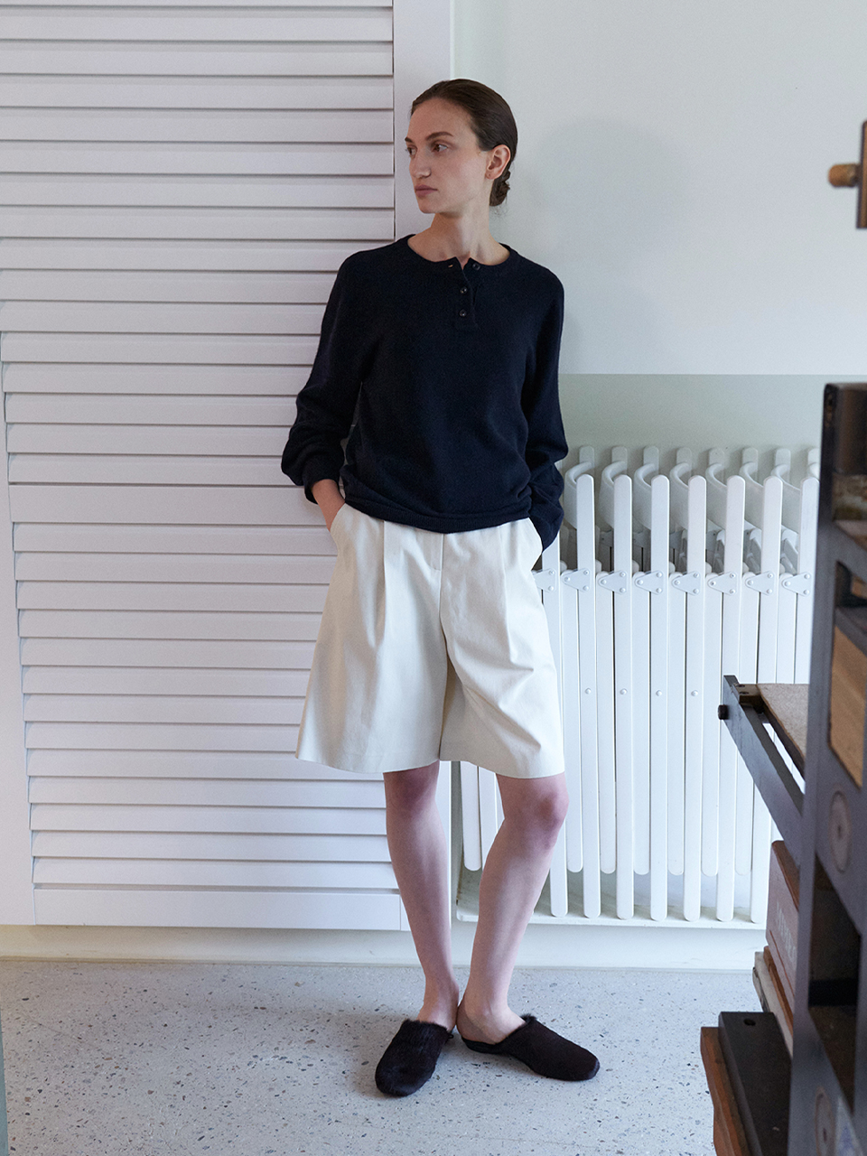 Front tuck bermuda cotton pants_CREAM