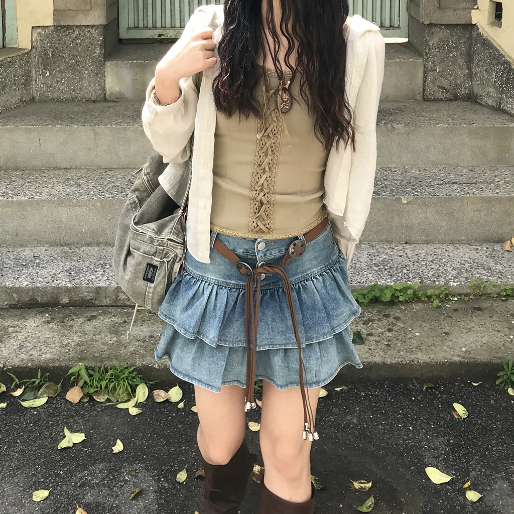 [パンツ型裏地付き] ベルトセットティアードスカート