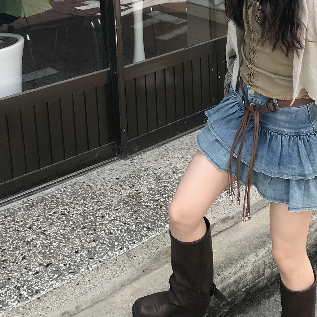 パンツ型裏地付き] ベルトセットティアードスカート