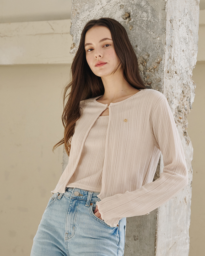 Button Cardigan Sleeveless Set - Light Beige