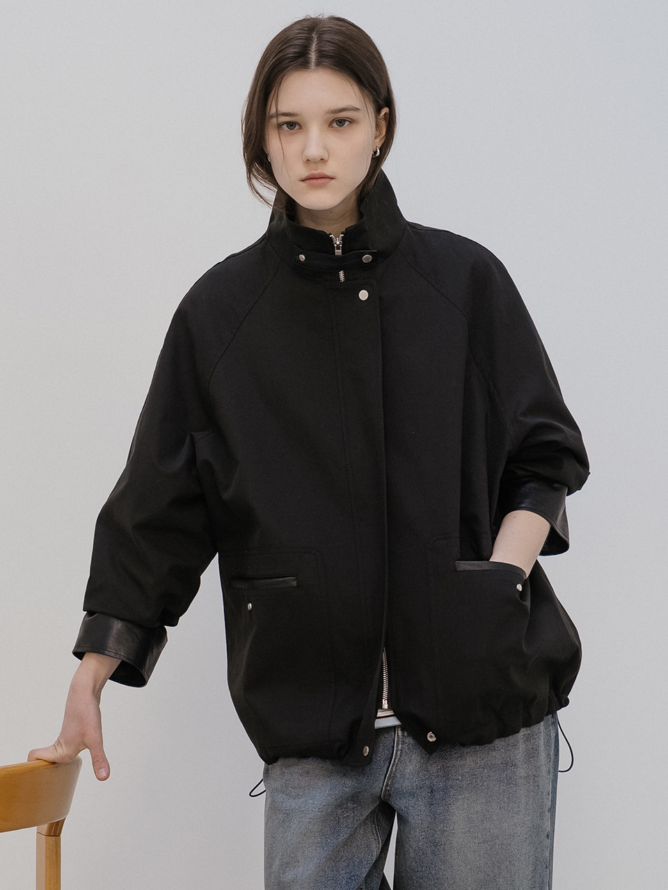 High-neck leather point work jacket [TISP05JK06]_Black
