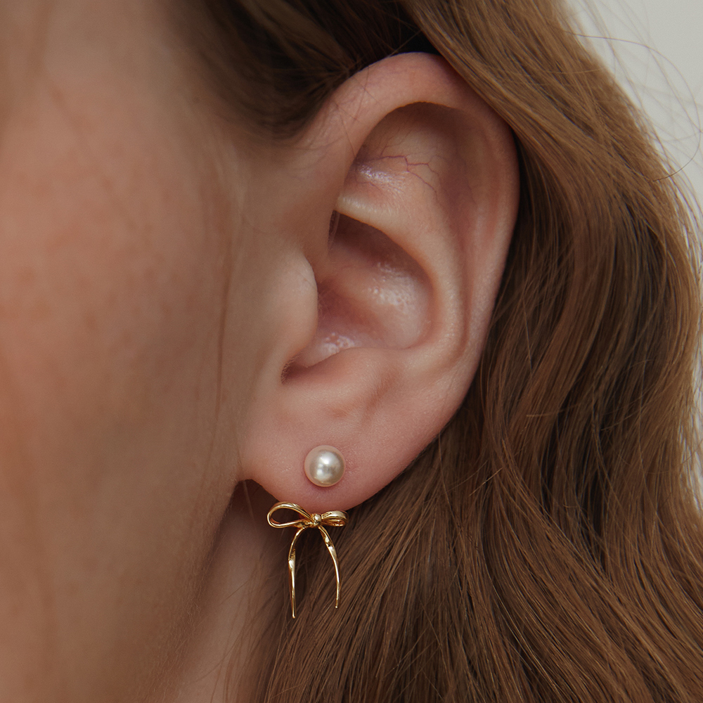 (シルバー925) パール＆リボンタイ イヤージャケット ピアス EC3077