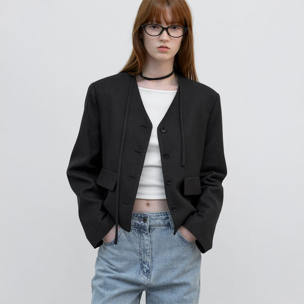 (JK-3044)STRING V-NECK TWEED JACKET