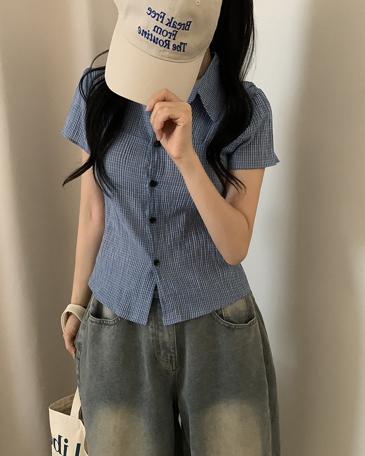 チェックボタン半袖シャツ
