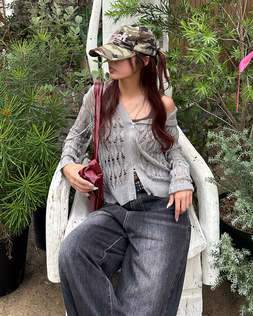 ダブルジップアップクロシェサマーニットフードパーカー