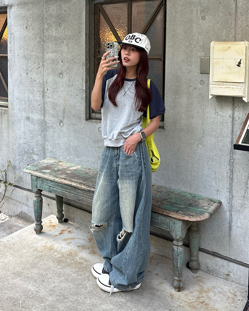 ユニセックス）タックアウトシームダメージデニムパンツ