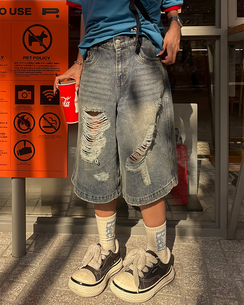 Odd Studio X im] Salt Washed Damage Denim Half Pants - BLUE