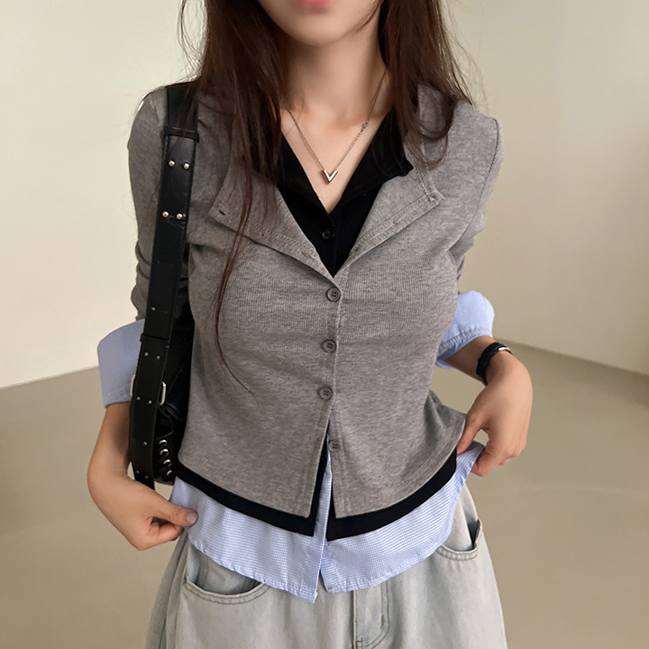 [一体型]レイヤードシャツニットカーディガン