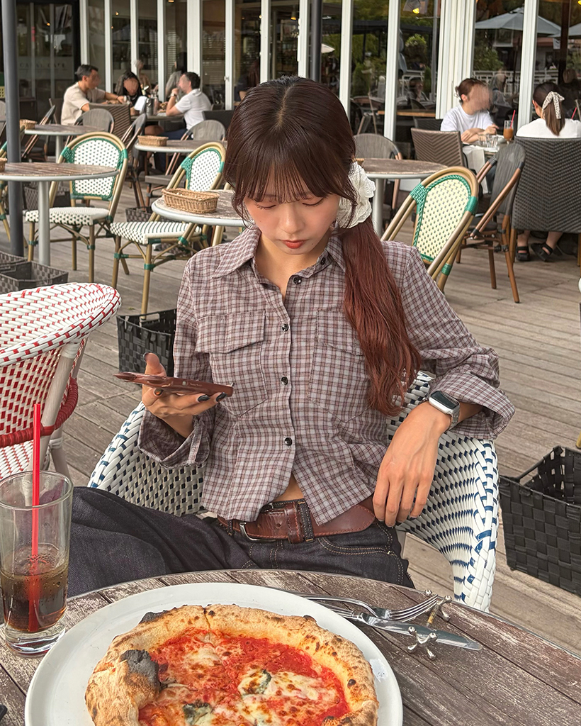 ラウンドヘムクロップドリンクルチェックロングシャツ