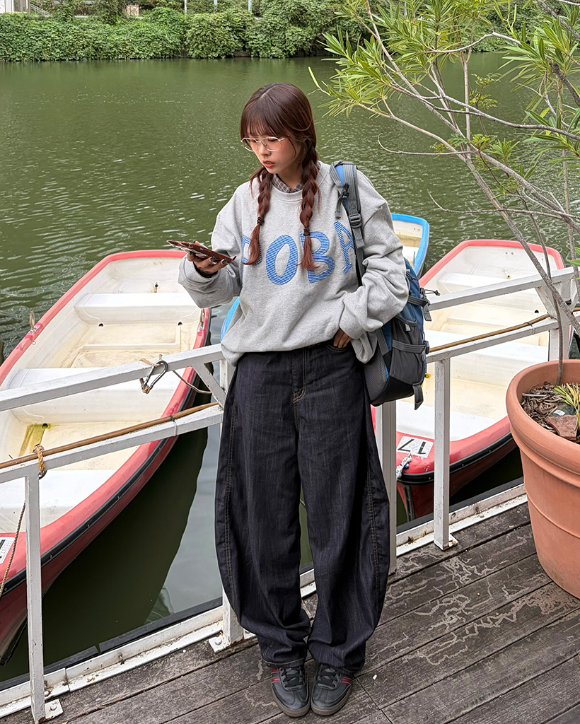 バックシンチポケットスティッチリジットバルーンデニムパンツ