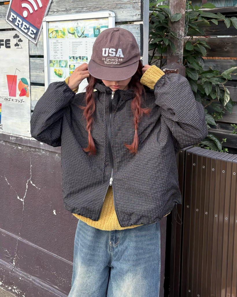 ユニセックス) フラフチェックダブルジップフードウィンドブレーカー