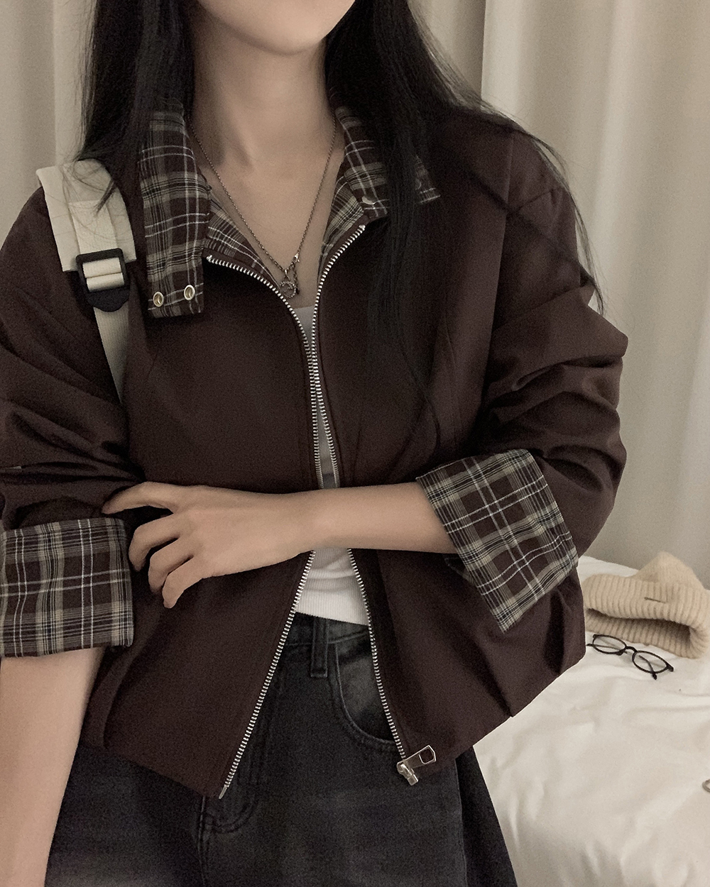 (4color)ハイネックチェックバイカラージップアップ