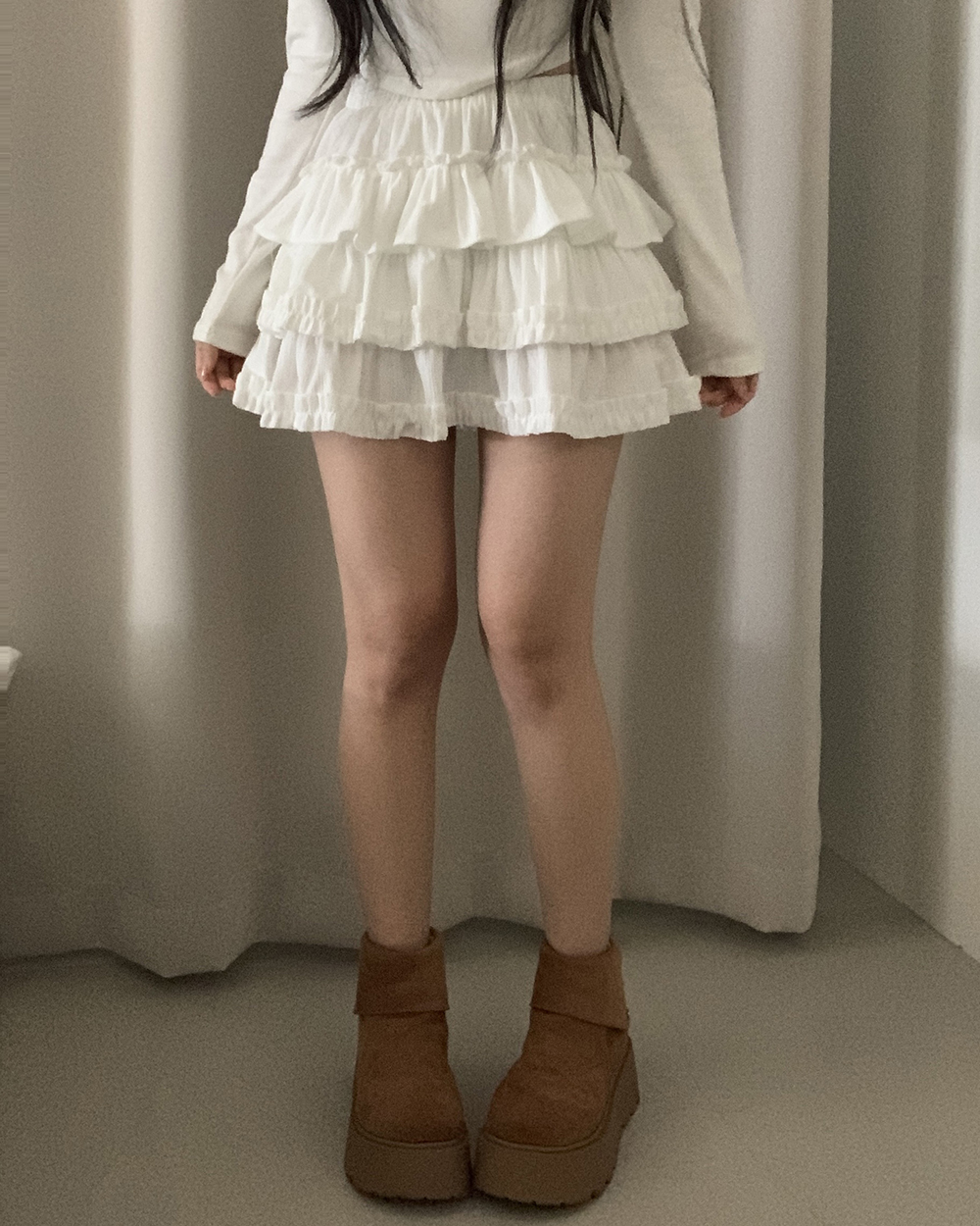 (3 color)ウエストゴムフリルティアードミニスカート