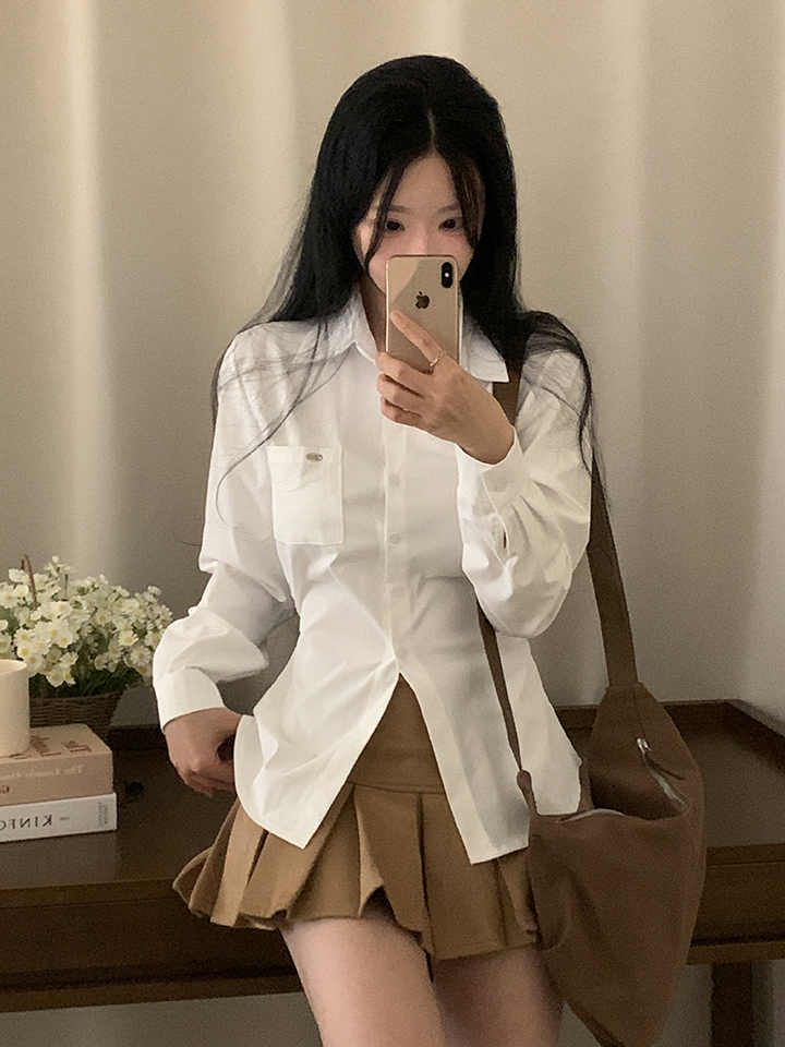 (3color)ウエストストラップ付きスリムフィットシャツ