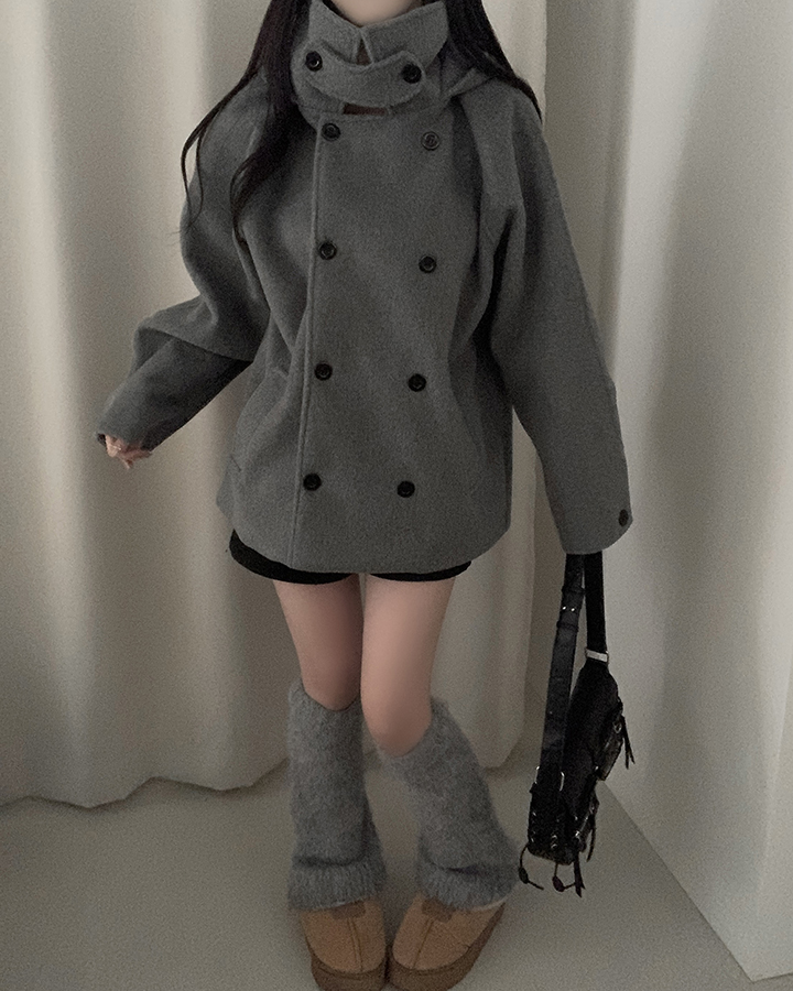 ハイネックフード付きダブルボタン中綿コート | ファッション通販