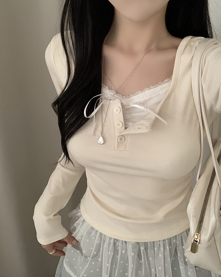 (一体型)レースキャミソールレイヤード風フロントボタンTシャツ