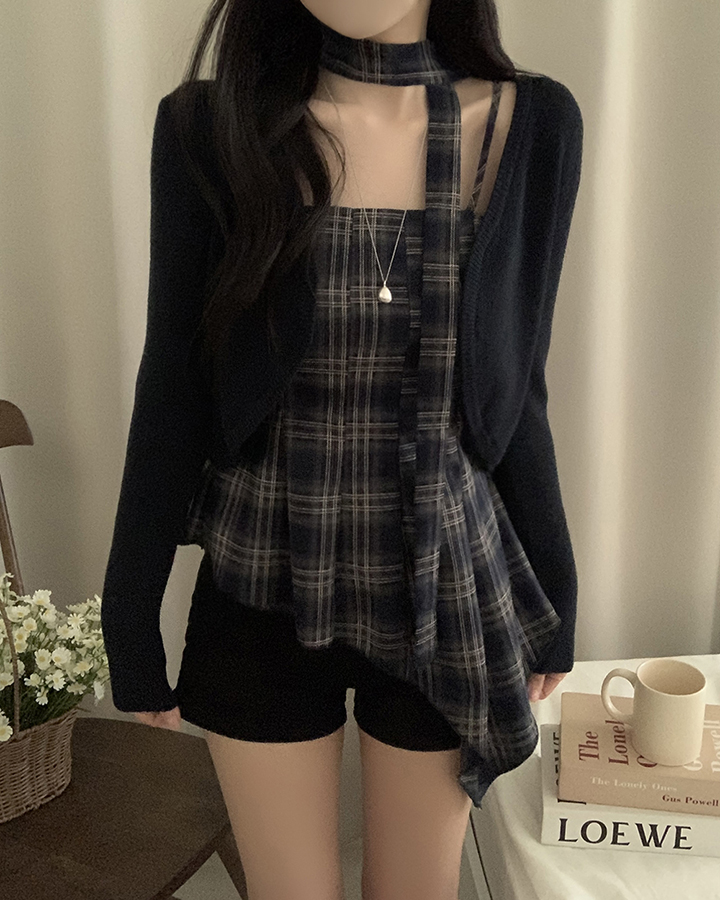 (set)(4color)チェックキャミソールカーディガンマフラーセット