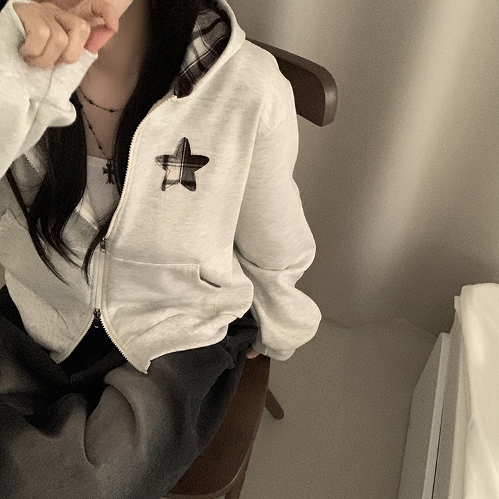 (4color)刺繍チェックパッチジップアップパーカー