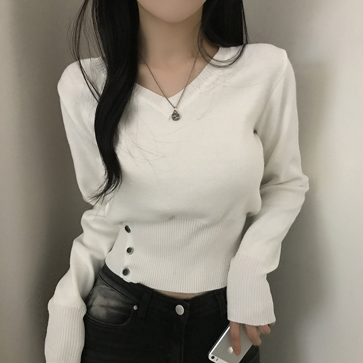 (5color)ボタン付スリムフィットVネックTシャツ