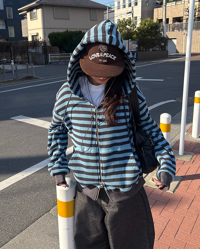 （ユニセックス）ボーダーダブルジップワッフルニットパーカー