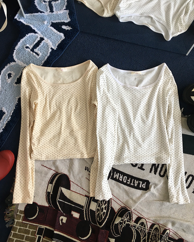 バトーネックピンドットリブロングカットソー