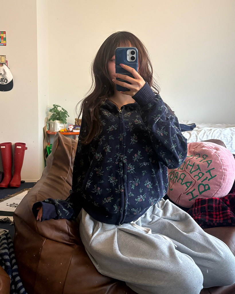 フラワーパイルリブダブルジップアップパーカー