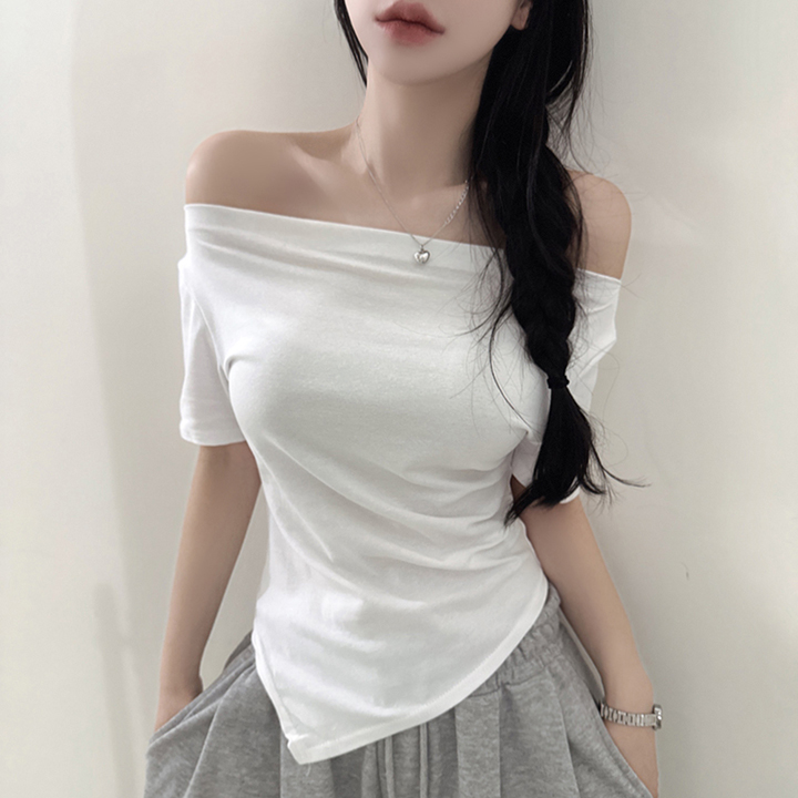オフショルアンバランススリムフィット半袖Tシャツ