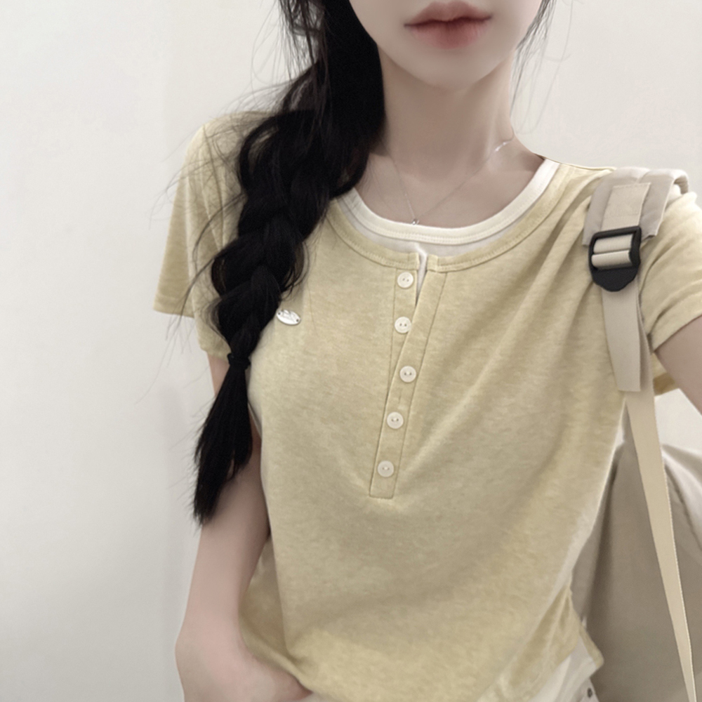 ワッペンバイカラーレイヤードサイドシャーリングラウンドネック半袖Tシャツ