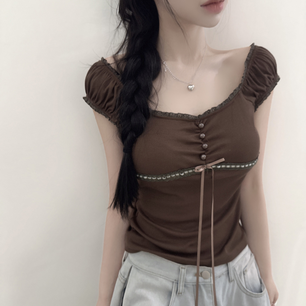 レースリボンボタン半袖Tシャツ