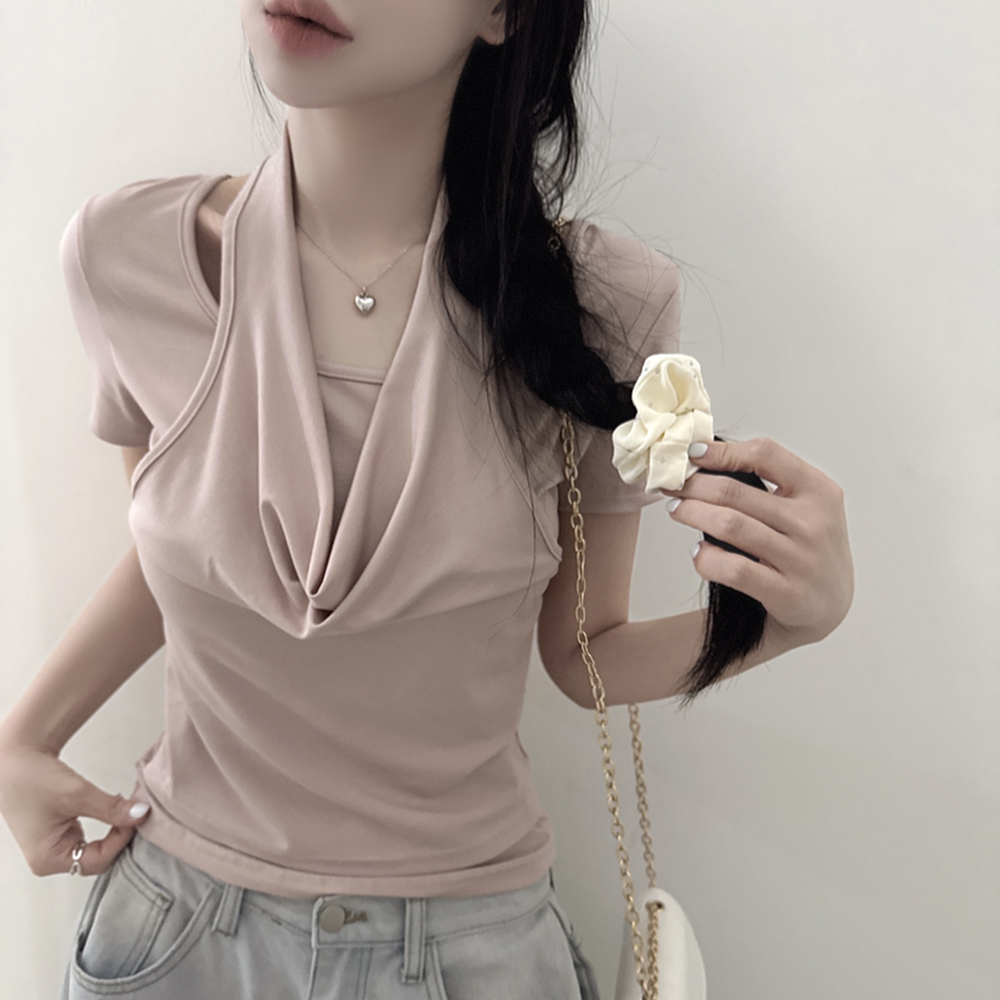 一体型ドレープホルターネックレイヤード半袖Tシャツ