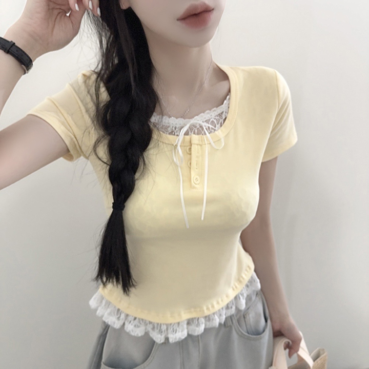 レースリボンレイヤードボタン半袖Tシャツ