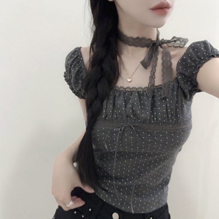 (set)ドットスクエアネックオフショルリボン半袖Tシャツ&チョーカーセット