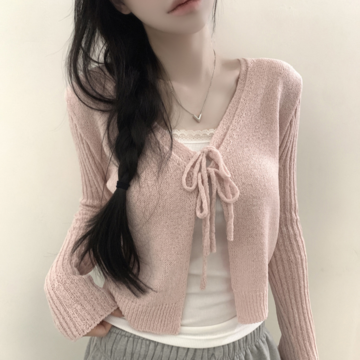 5 color)リボンクロップドレイヤードVネックカーディガン