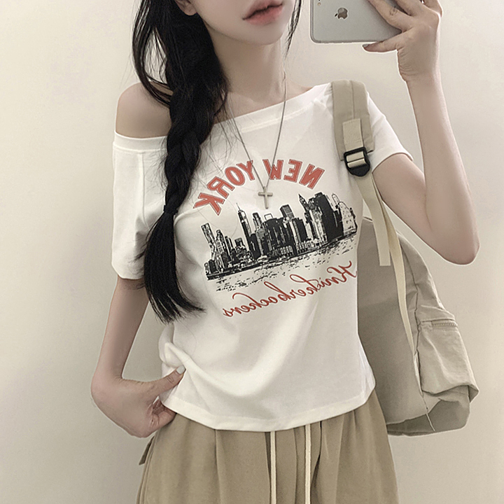 (3 color)プリントワンショルダーオフショルダースリムフィットTシャツ