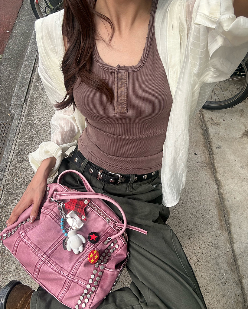 ダメージスナップヘンリーネックリブタンクトップ