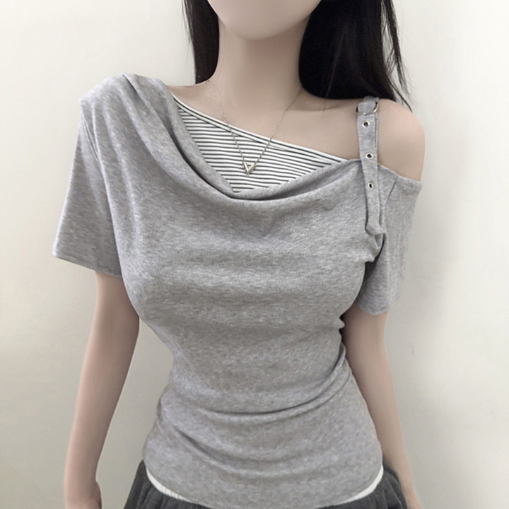 (4color)バックルオフショルダーTシャツ