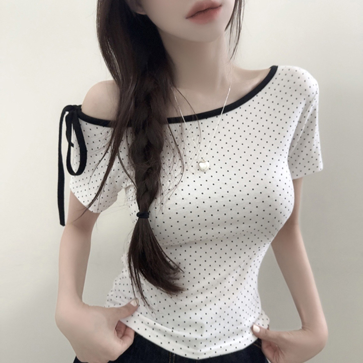(3color)リボンポイントセミクロップドスリムTシャツ
