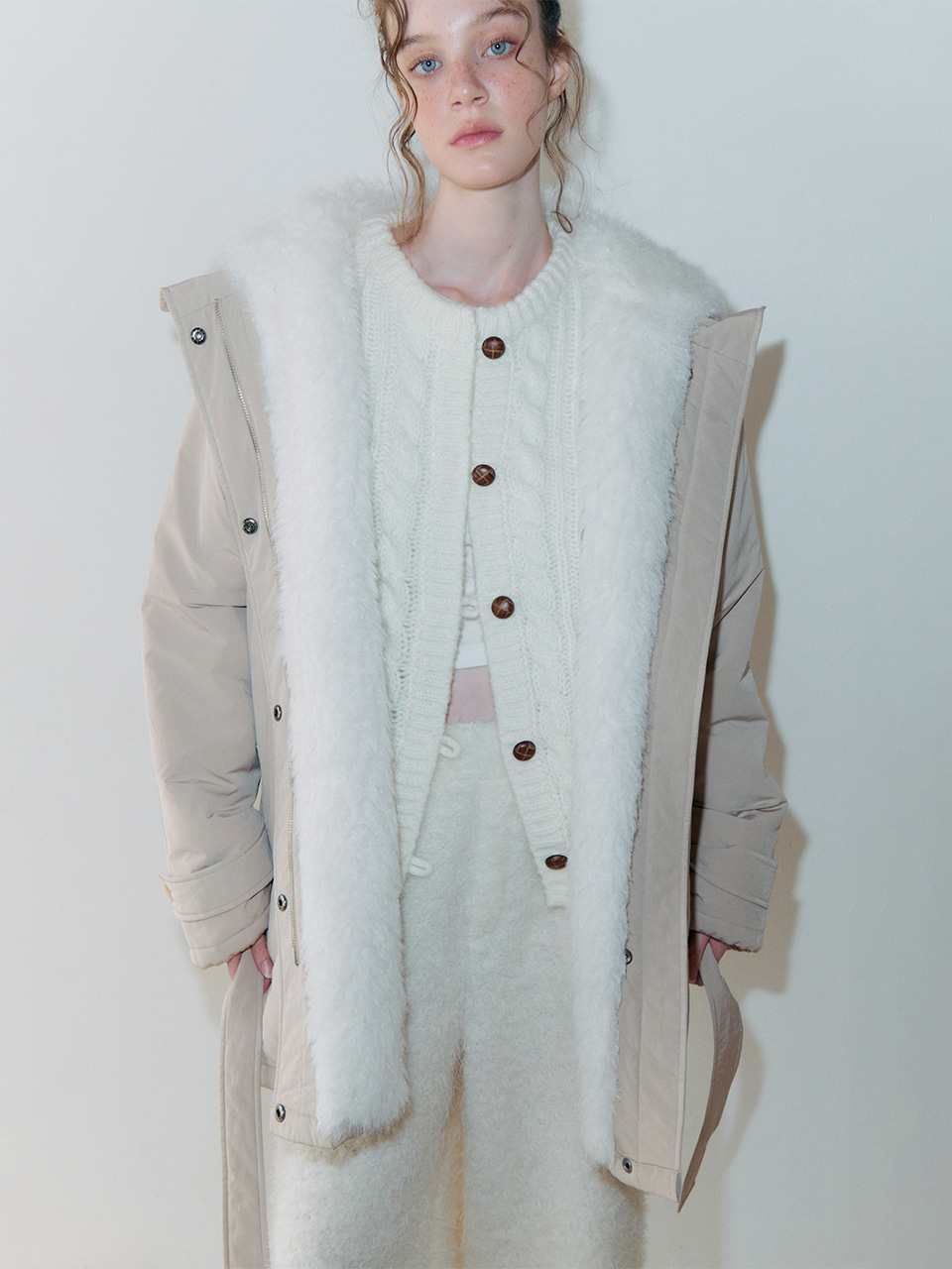 Belt Fur Padded Coat, Light Beige