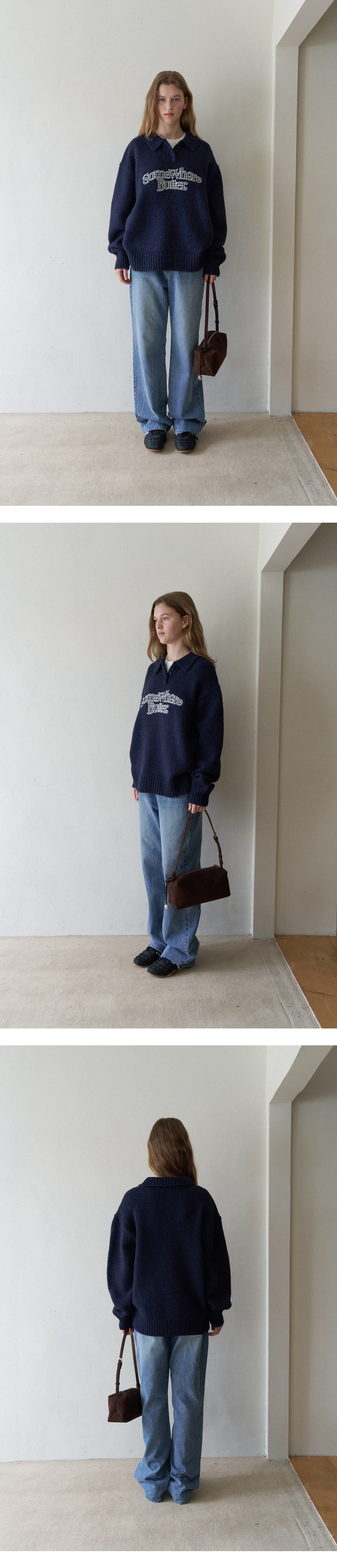 Check Wave Logo Alpaca Knit - Navy | ファッション通販サイト NUGU