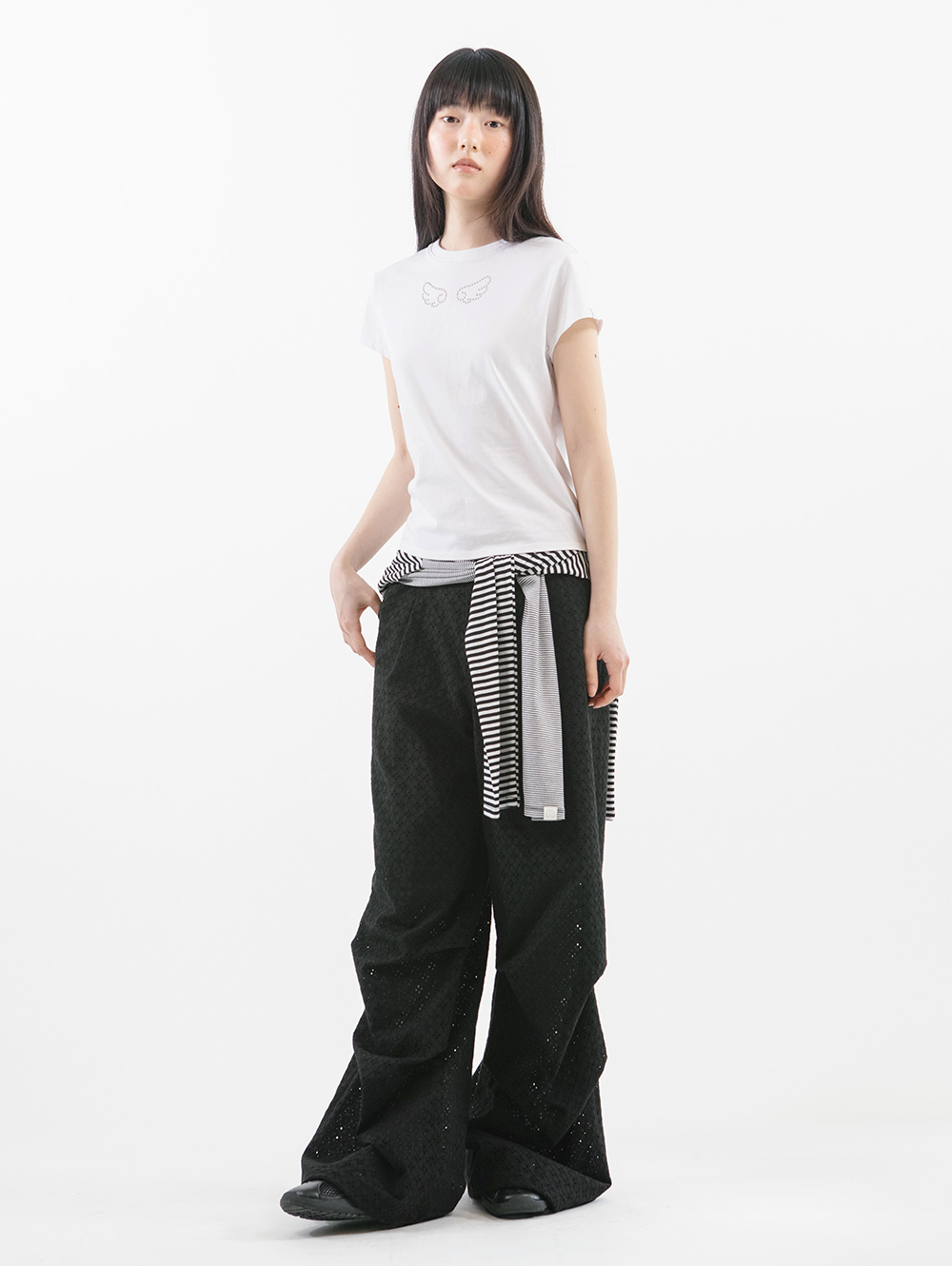 パンツ仲間 K-POPアイドル着用] EYELET BELT BAG PANTS [BLACK