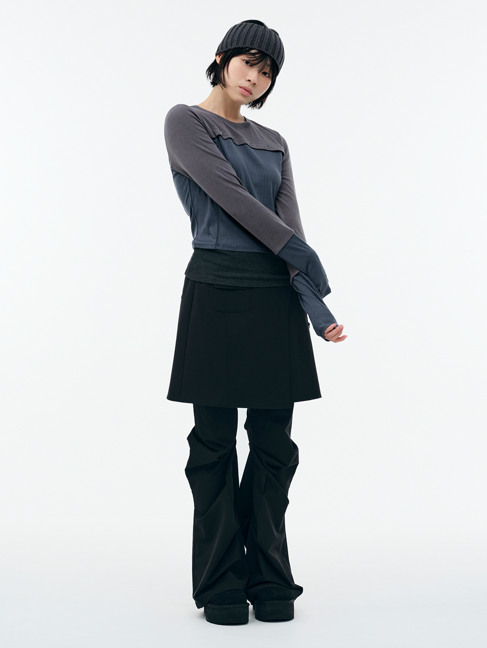 WRAP SKIRT TUCKED PANTS [BLACK] | ファッション通販サイト NUGU